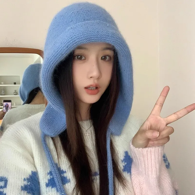 

New Rabbit Hair Blended Fashion Sequins Design Knitted Balaclava Hats Women Show Face Small Winter Warm Ear Protection Beanies