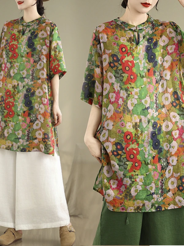 

Шикарный летний повседневный топ миди из хлопка и льна с цветочным принтом, воротником-стойкой, боковыми разрезами и застежкой на пуговицы, свободного кроя, для женщин