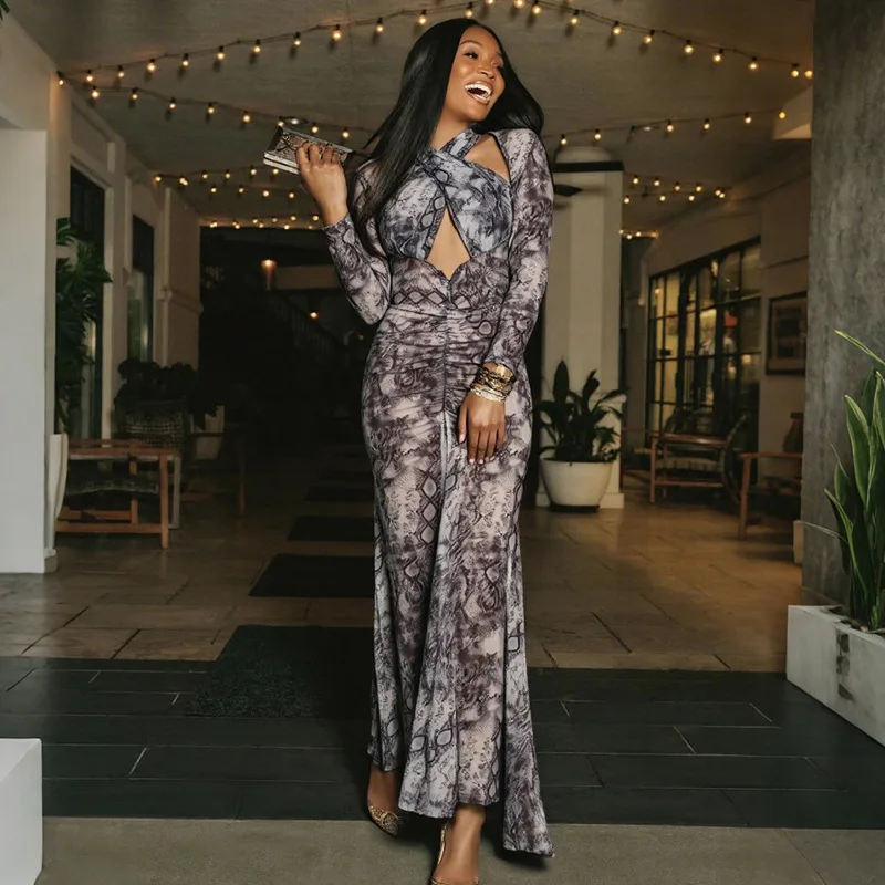 DSMTRC 2026 mujeres Coquette Hollow Serpentine manga completa Split vestidos fruncidos medianoche ceñido al cuerpo ver a través de nudo cruzado Maxi vestido