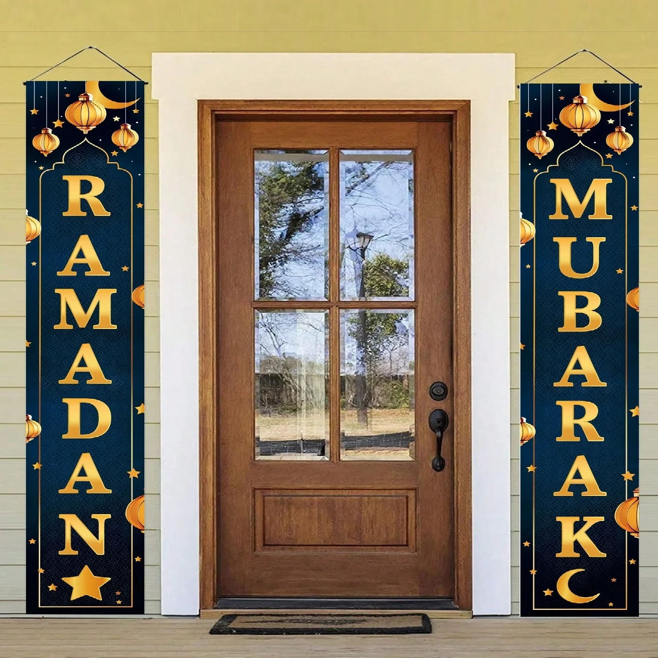 1 Pair Ramadan Mubarak Door Hanging Flags Holiday Decoration Couplets Dark Blue Gold Foil Lantern Star Moon Outdoor Door Hanging Flags