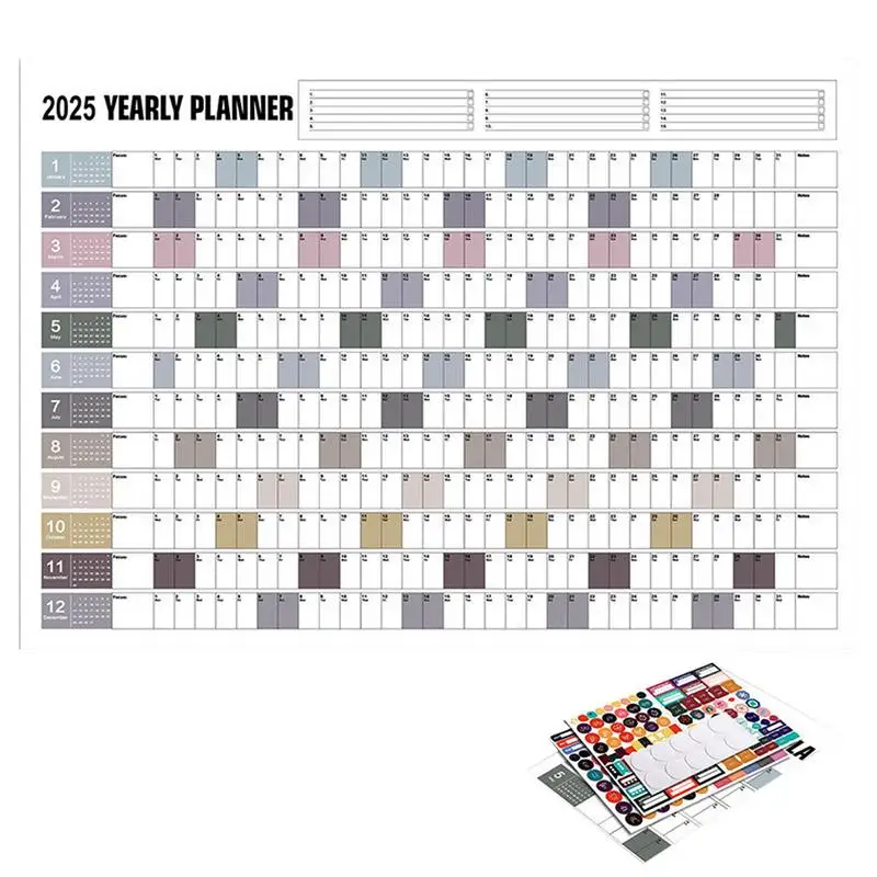 Planificador anual Calendario de pared del año anual 2025, con pegatinas, póster de papel grueso Horizontal, calendario, organizador de horario