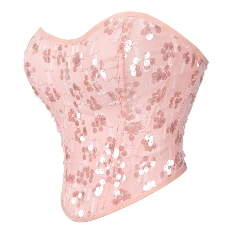 Sexy Sequin Embellished Corsets for Women, Vintage Pink Top, Support Chest Shaping Bra, Tummy Control, Body Shaper Lingerie, New