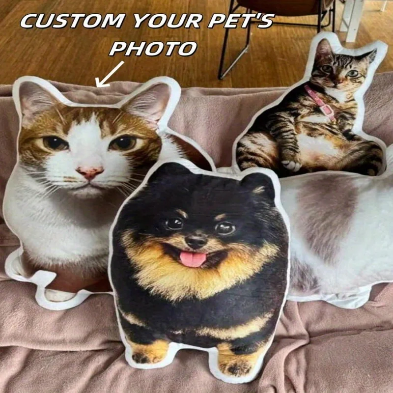 1 customized 3D pet pillow with double-sided printing of dog or cat shapes made from photos, soft plush material, mixed color