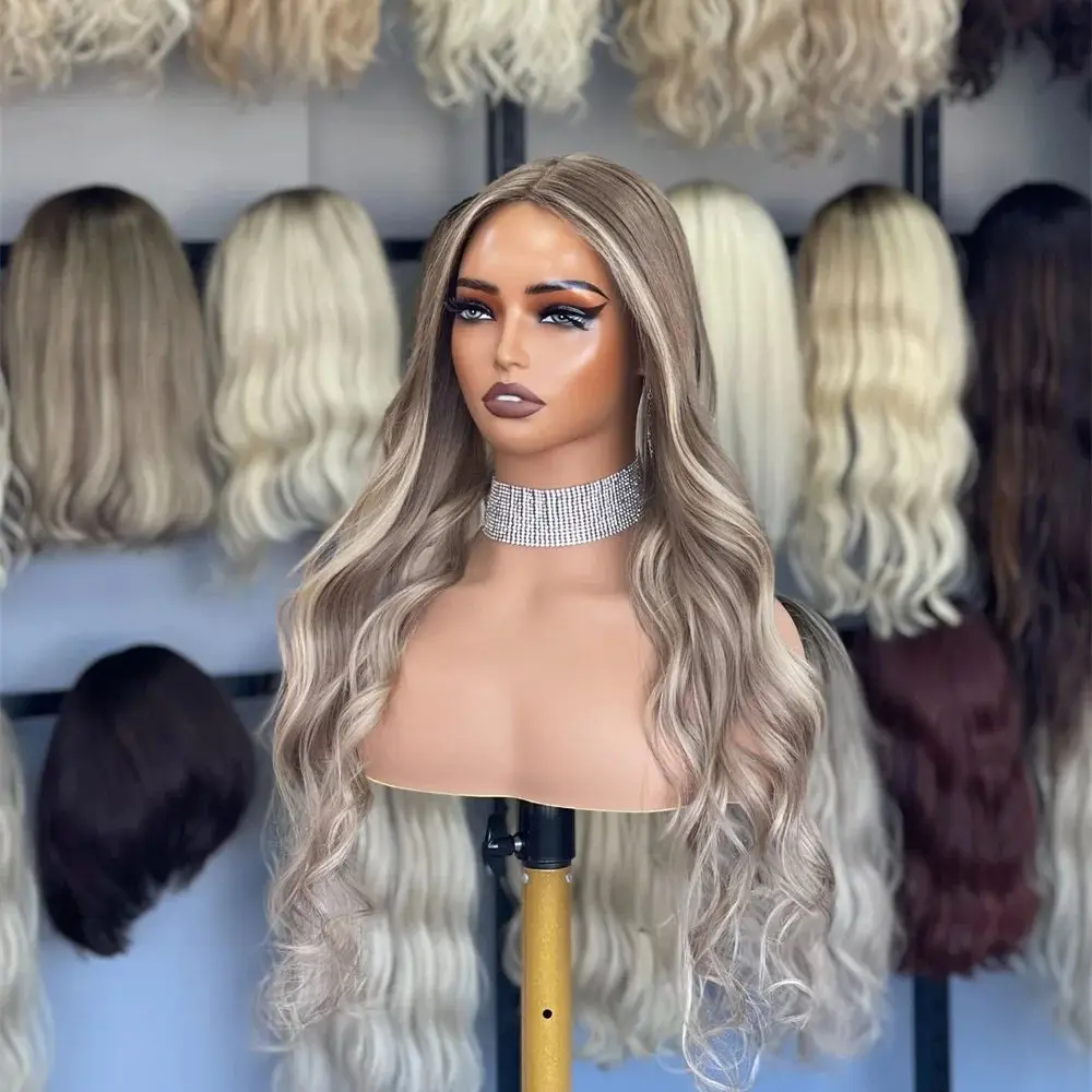 Luxury Ladies Wig Synthetic Hair Ash Blonde Highlights Lace Front Wigs 13x4 High Heat Loose Wave Glueless Party Daily Wear Wigs