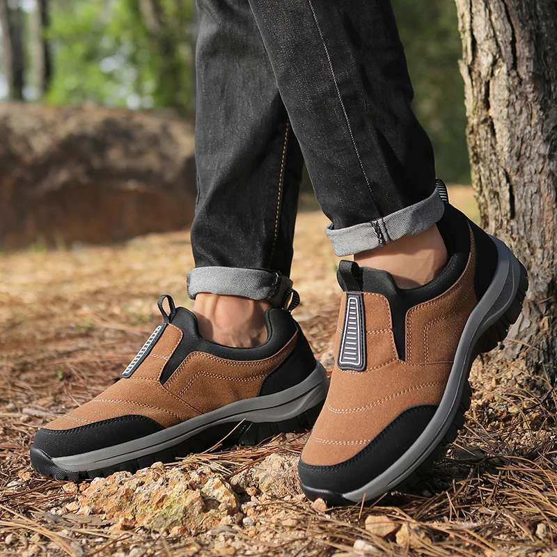 Sapatos de caminhada ao ar livre masculinos, sapatos esportivos de caminhada de grandes dimensões, primavera e outono moda casual camurça único mocassins marca 2025