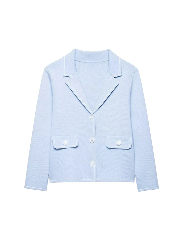

SIYANG Women Fashion With Pockets Blue Single Breasted Knitted Sweater Vintage Lapel Neck Long Sleeves Female Chic Outfits