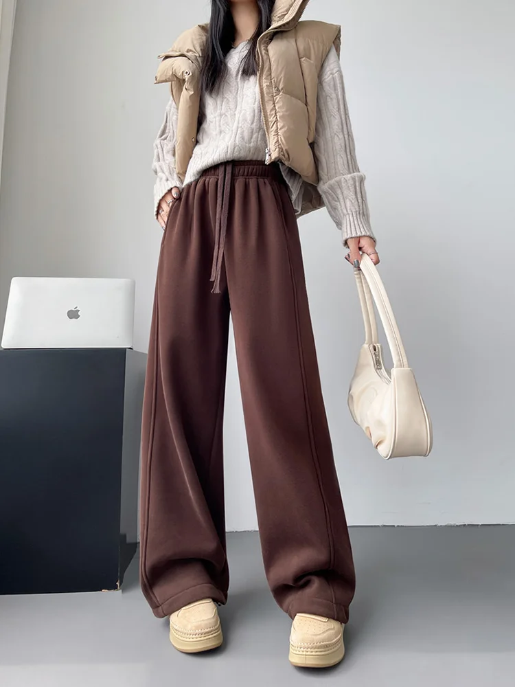 Women Autumn Winter Solid Colors Velvet Thickening Wide Leg Pants High Waist Casual Pants Loose Straight-legged Trouser