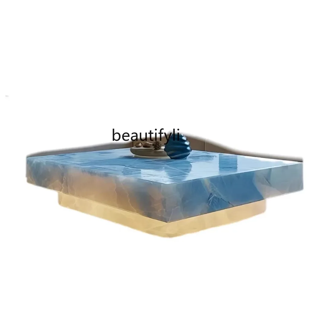 cqyJade coffee table natural luxury stone square light luxury high-end living room marble luminous coffee table