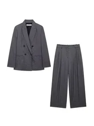 Women Fashion Elegant Pants Suits Female With Shoulder Pads Double-Breasted Blazer High Waist Trousers Ladies Chic Suits