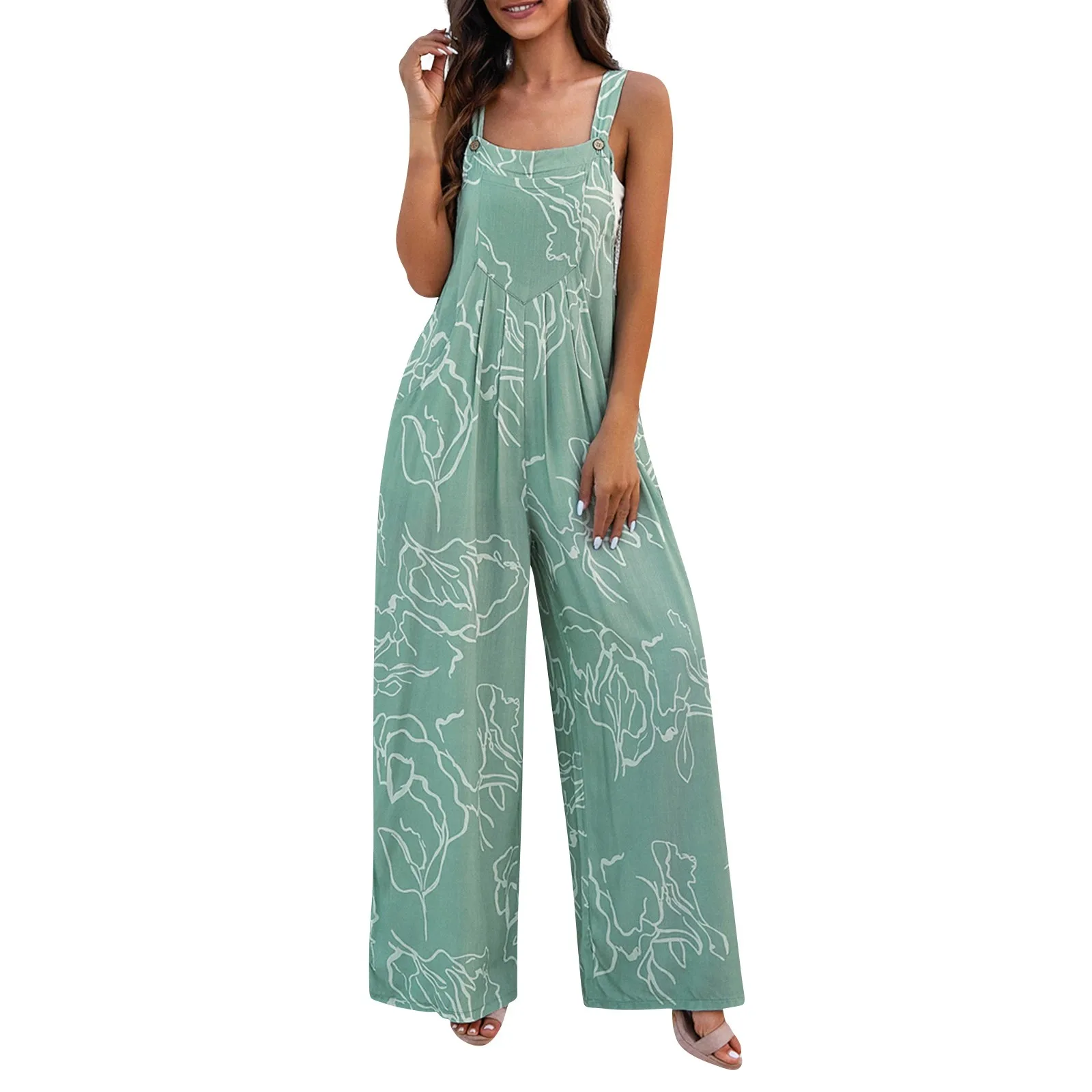 2024 Zomer Nieuwe Modieus Print Wijde Pijpen Jumpsuit Europese Amerikaanse Vrouwen Mouwloze Zakken Playsuit Casual Rompertjes Jumpsuits