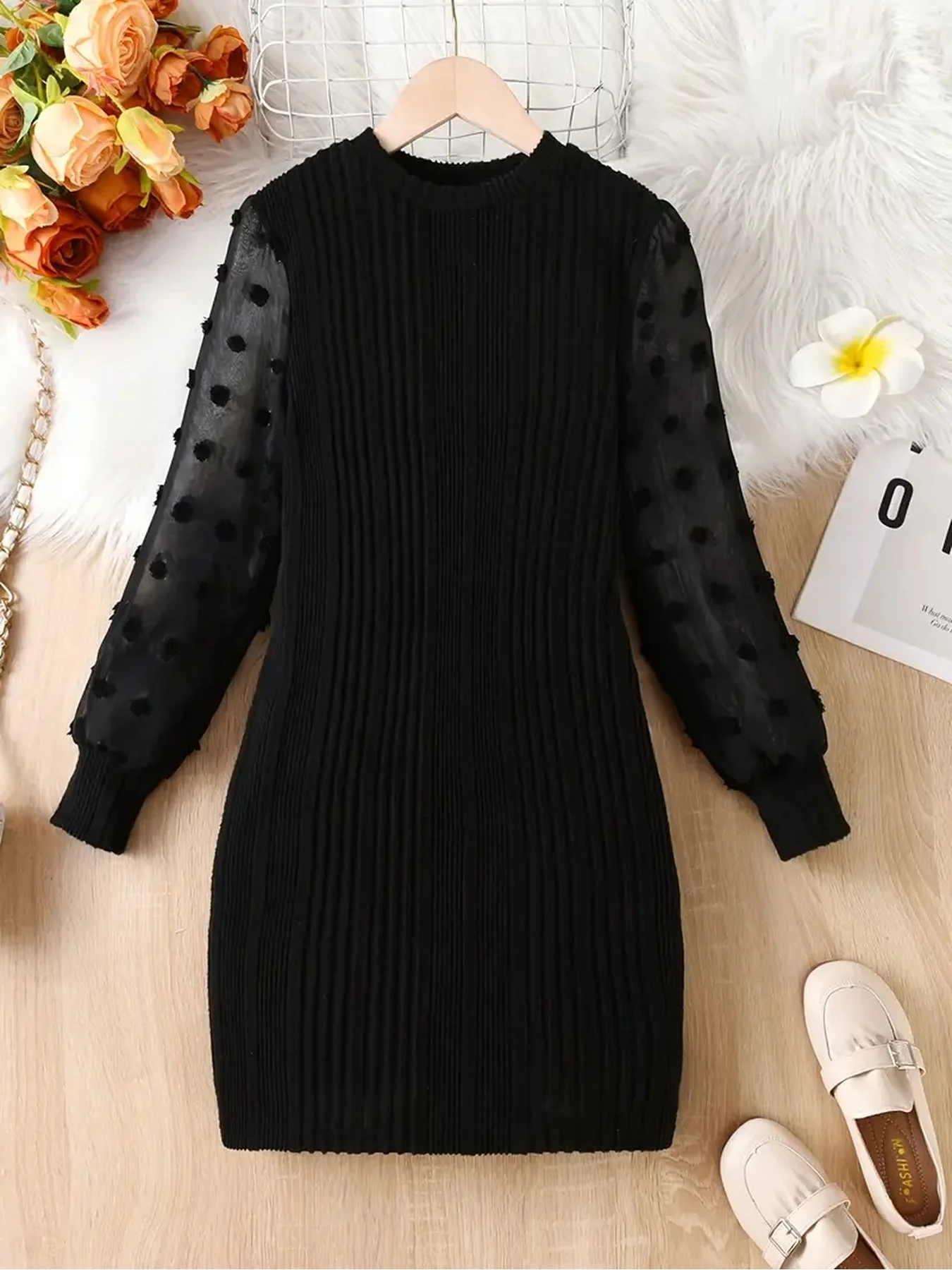 Autumn and winter children's clothing round neck solid color pit stripe polka dot long sleeved dress mid length skirt