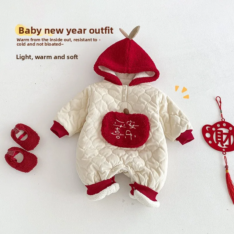 

Baby Safety Happy New Year's Clothing 2025 New Winter Newborn Clothes Baby Color Blocked Hoodie with Velvet Crawler