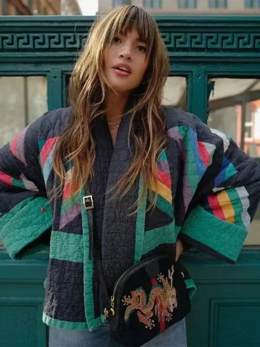 

2026 Women's Vintage Printed Loose Cotton Jackets Fashion Spliced Long Sleeve V-neck Cardigan Coats Autumn Winter Elegant Parkas