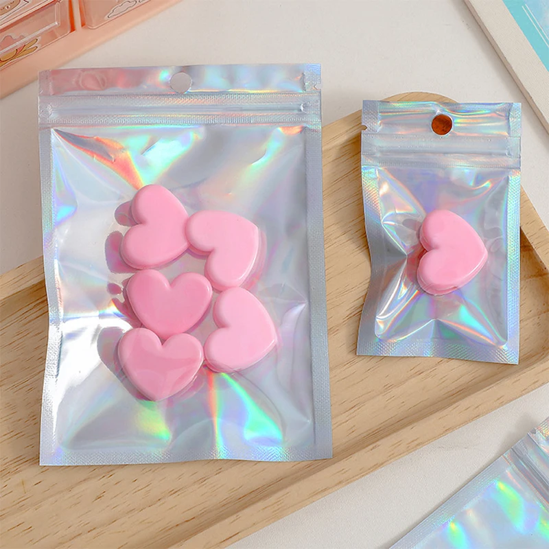 20pcs 8 Sizes Laser packaging bag Flat Bath Salt Cosmetic Bag One Side Clear Holographic Mini Aluminum Foil Zip Lock Bags Thick