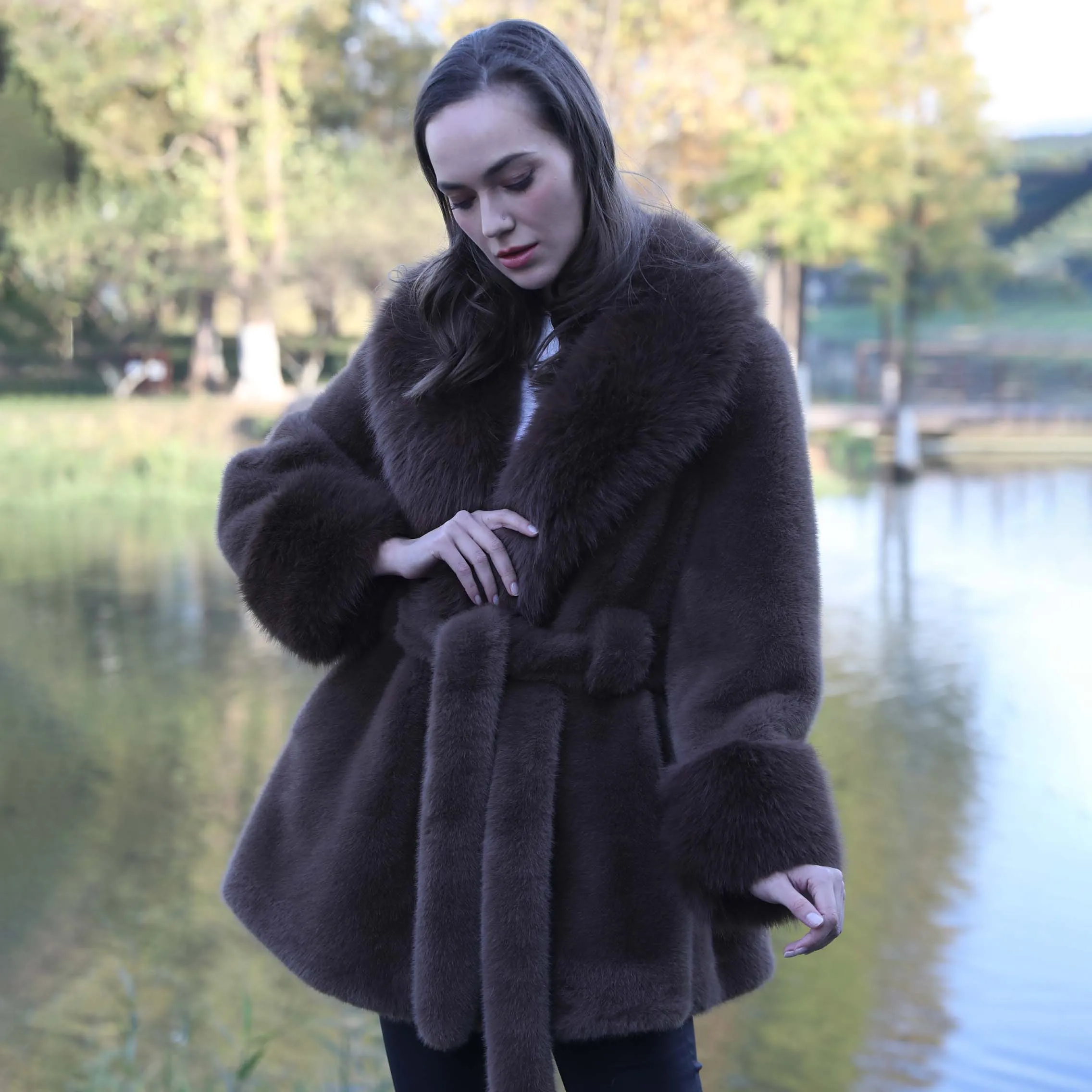 Women\'s Vegan Mink Fur Coat, Big Faux Fur Collar Jacket, Skirt Style, Fast Shipping