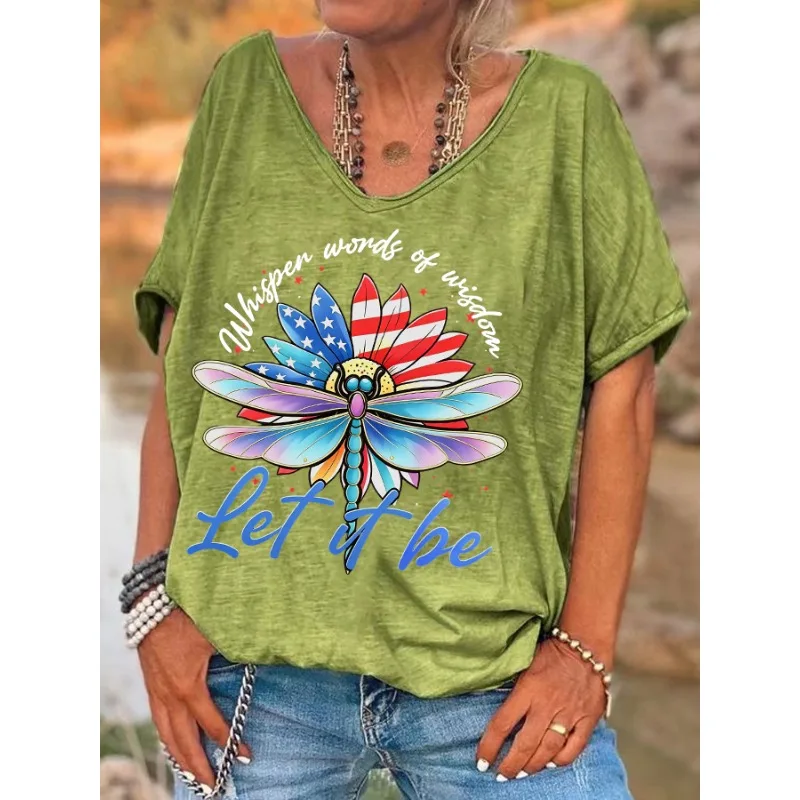 ilstile Women's Hippie Let It Bet Print T-Shirts Summer Beach Short Sleeve T Shirt Casual Loose V Neck Tops Tees Hot Sale