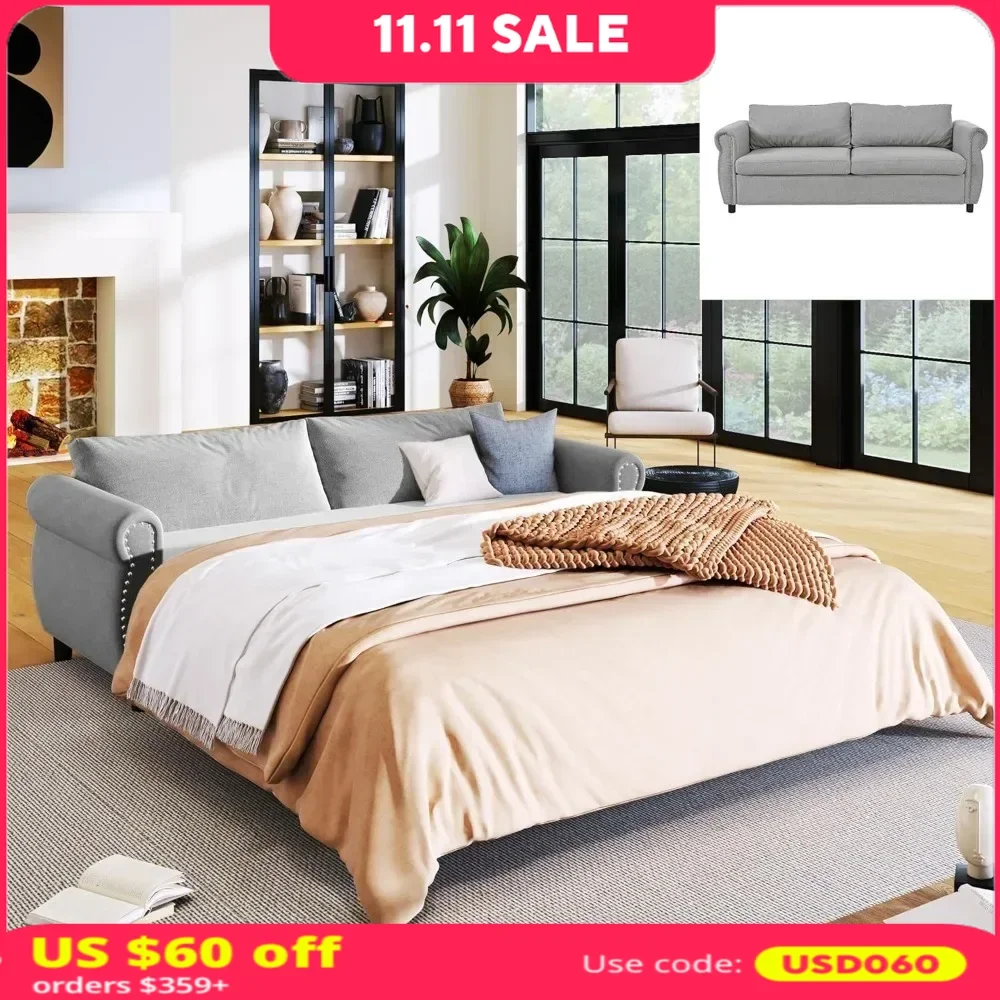 

Queen Sofa Couch，Convertible Sleeper Sofa Bed with Memory Foam Mattress and Wood Bed Frame, Pull Out Couch Bed