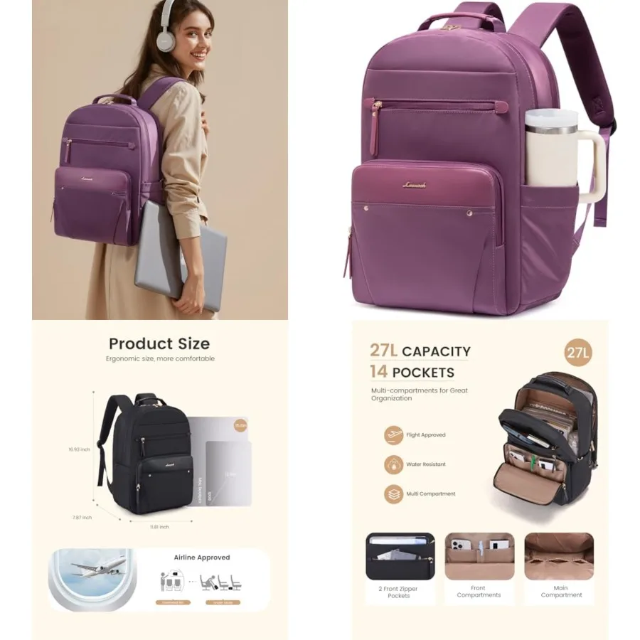 Laptop Backpack for Women with Leather Trim and Tumbler Pockets,"Work Backpack Purse, Travel Personal Item Bag, Carry On Busess