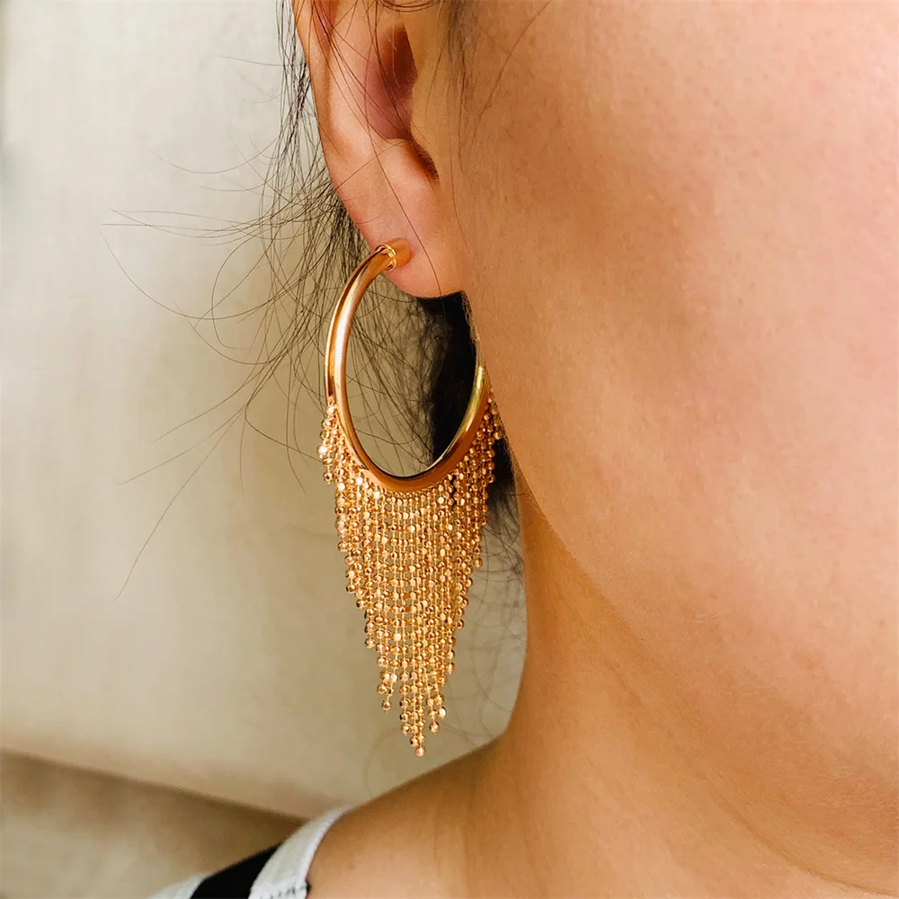 Fashion Circular 2024 Ear Jewelry Tassel Pendientes Modern Trending New Charm 1 Pair Of Women\'S Stylish Copper Fringe Earrings