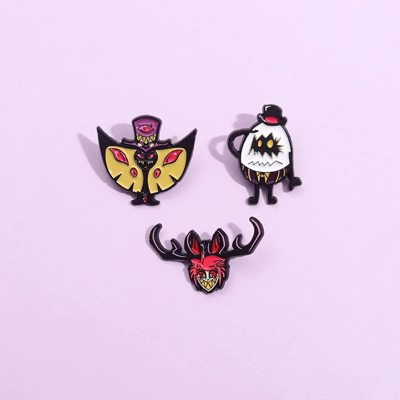 

Cartoon Anime Devil Hotel Enamel Pins Custom Antler Monster Bat Devil Eggshell Lapel Badges Movie Characters Jewelry Gifts