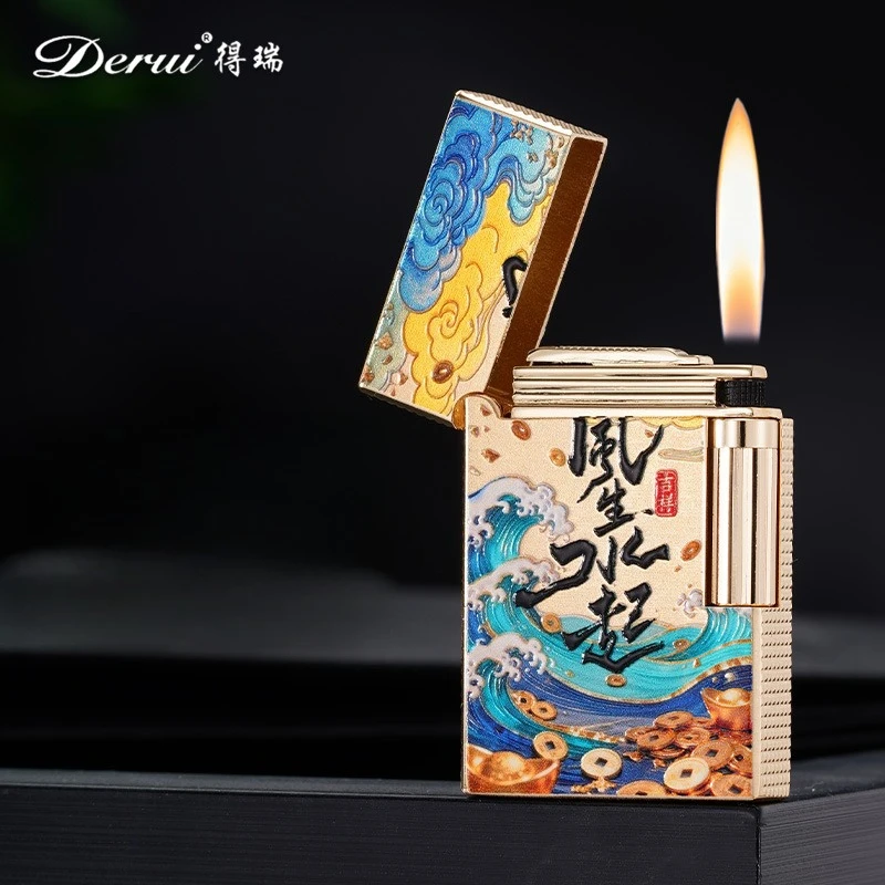 DERUI Loudspeaker Color Printed New Side Sliding Open Flame Lighter, Metal Inflatable Men's Light Luxury Cigarette Holder Gift