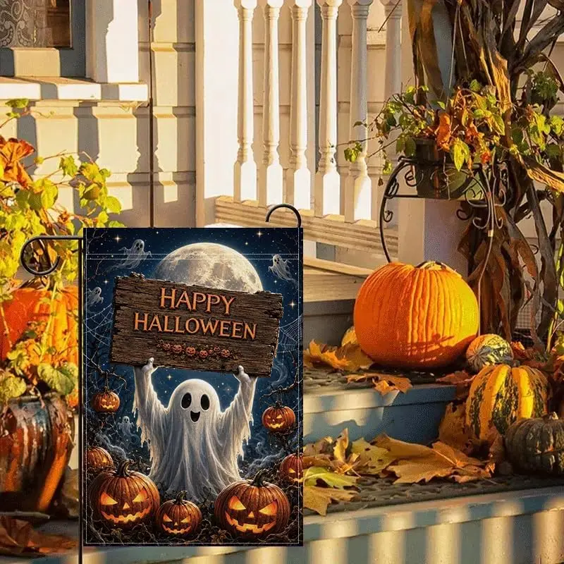 Halloween Garden Flag 12x18 Inch, Spooky Ghost Pumpkin Outdoor Flag Double Sided, Happy Halloween Night Yard Decoration Poly llp