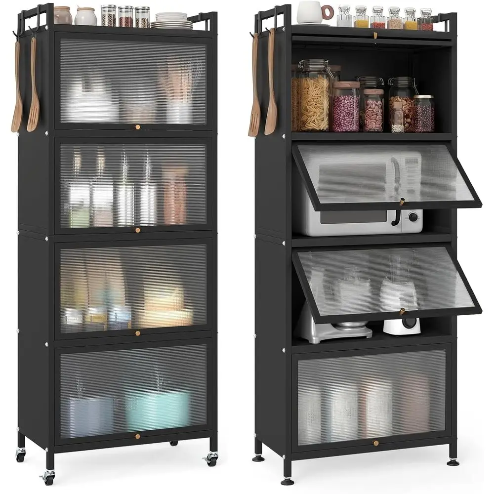 5-Tier Kitchen StoraCainet, reestanding Metal Pantry Cainet w/ 4 lip-up PC Do, 4 Hooks & Adjustale eet, 60” Tall akers Rack Micr