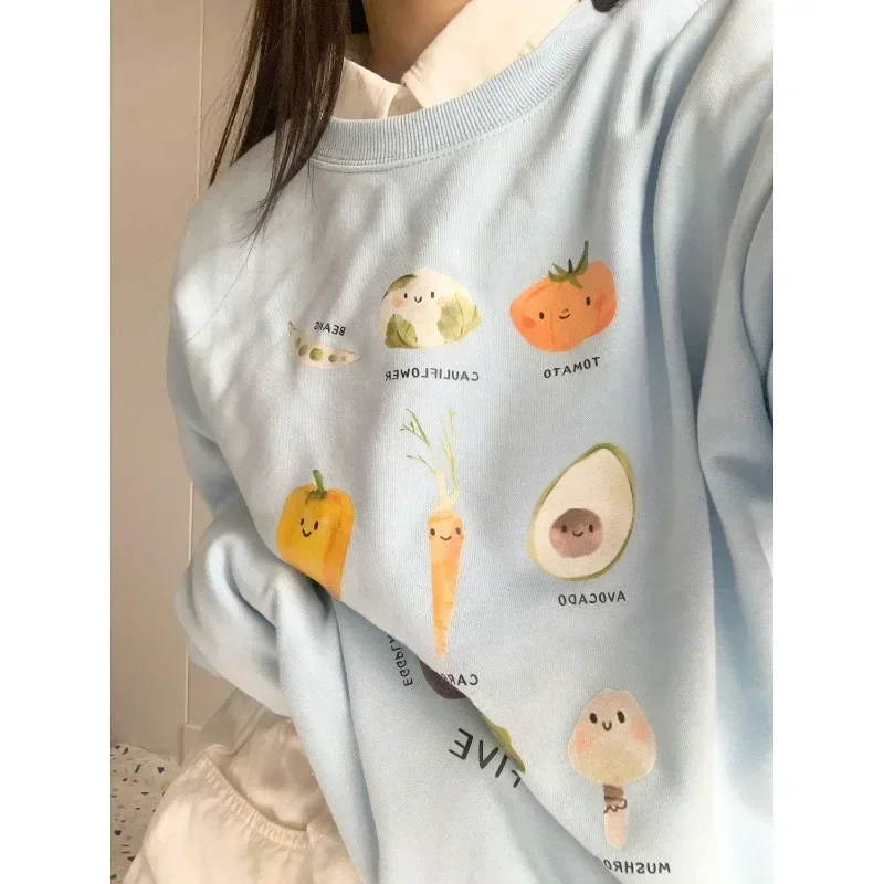 

American Women Vintage Sky Blue Hoodies Cartoon Print Sweet Sweatshirts Y2k Casual O Neck Preppy Style Kawaii Sudadera Mujer
