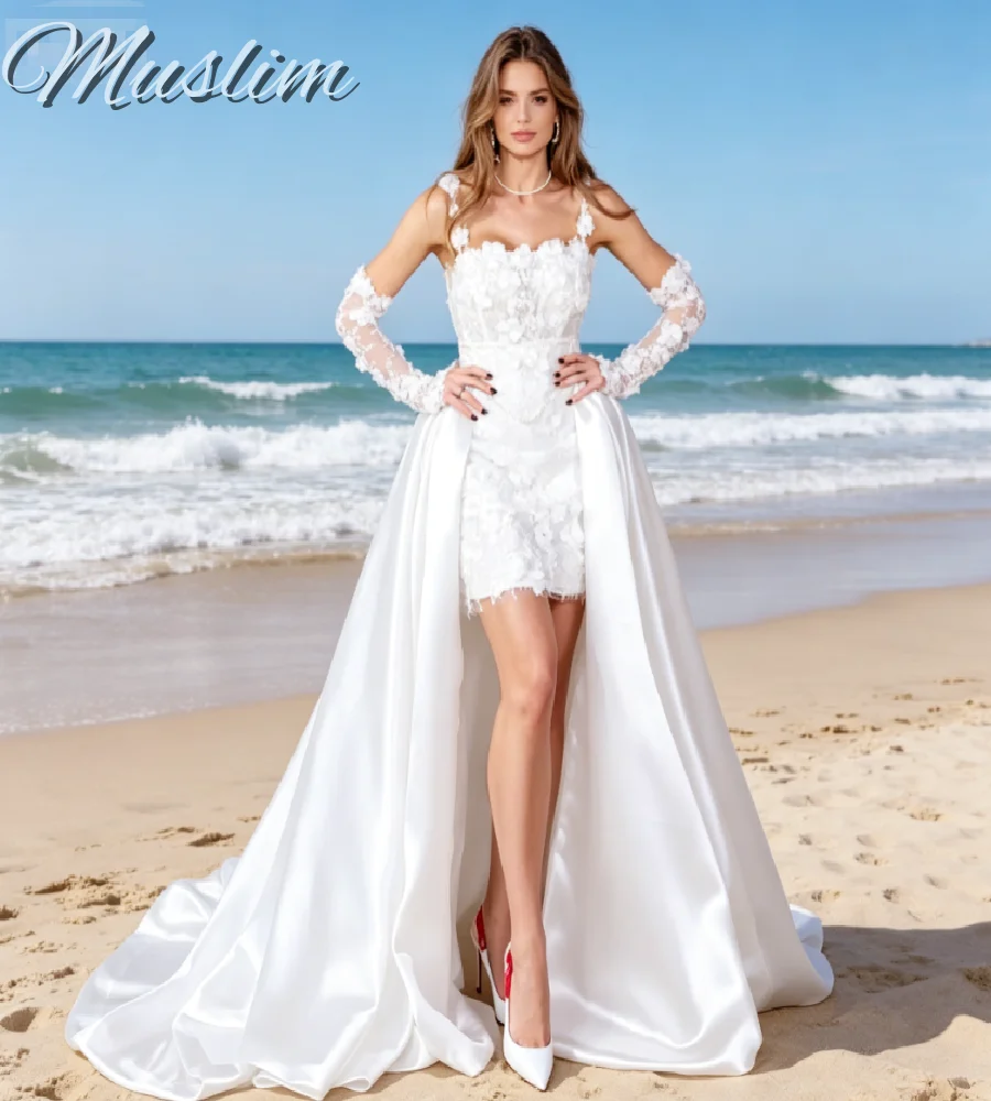 Detachable Overskirt Wedding Dress Spaghetti Strap 3D Floral Lace Short Bridal Gown With Removable Satin Train Hi Low Beach
