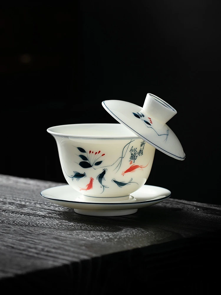 

Pure Hand-Painted Sheepskin Jade Porcelain Covered Bowls, Ceramic Tea Making Bowls, Tea Cups, XH106