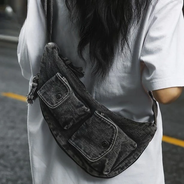 

Miyagawa New Retro Denim Chest Bags Niche Motorcycle Shoulder Multi Pocket Cycling Casual Crossbody Bags