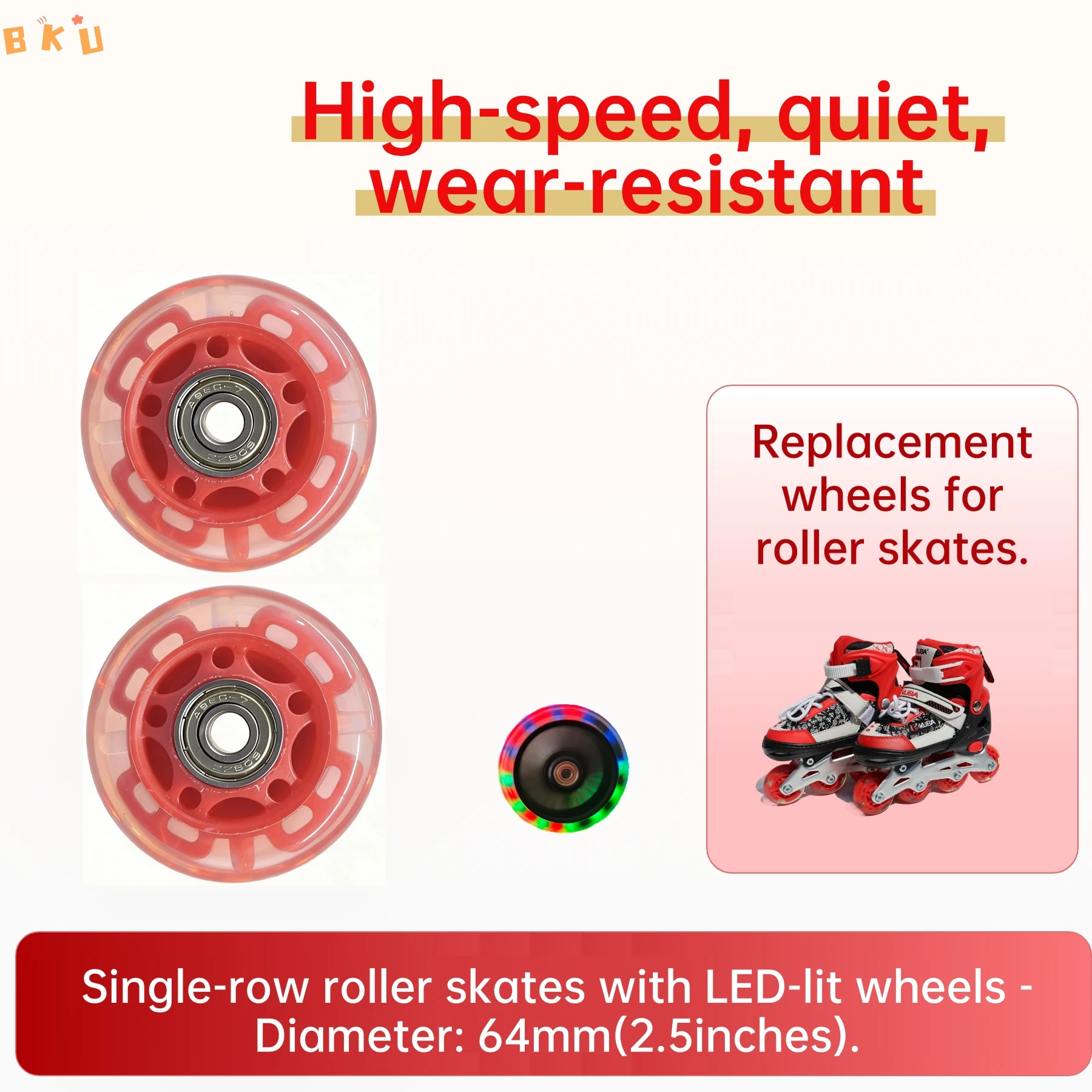 Paquete de 2 ruedas con luz LED de 64 mm (2,5 ") de material PU con rodamientos ABEC-7, brillo colorido para patines/scooters/equipajes en línea