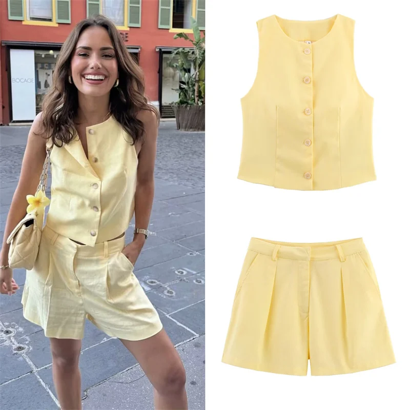 

Women's Suit Summer 2025 New Yellow Sleeveless Crew Neck Vest Vest High Waist Shorts Set Casual Fashion