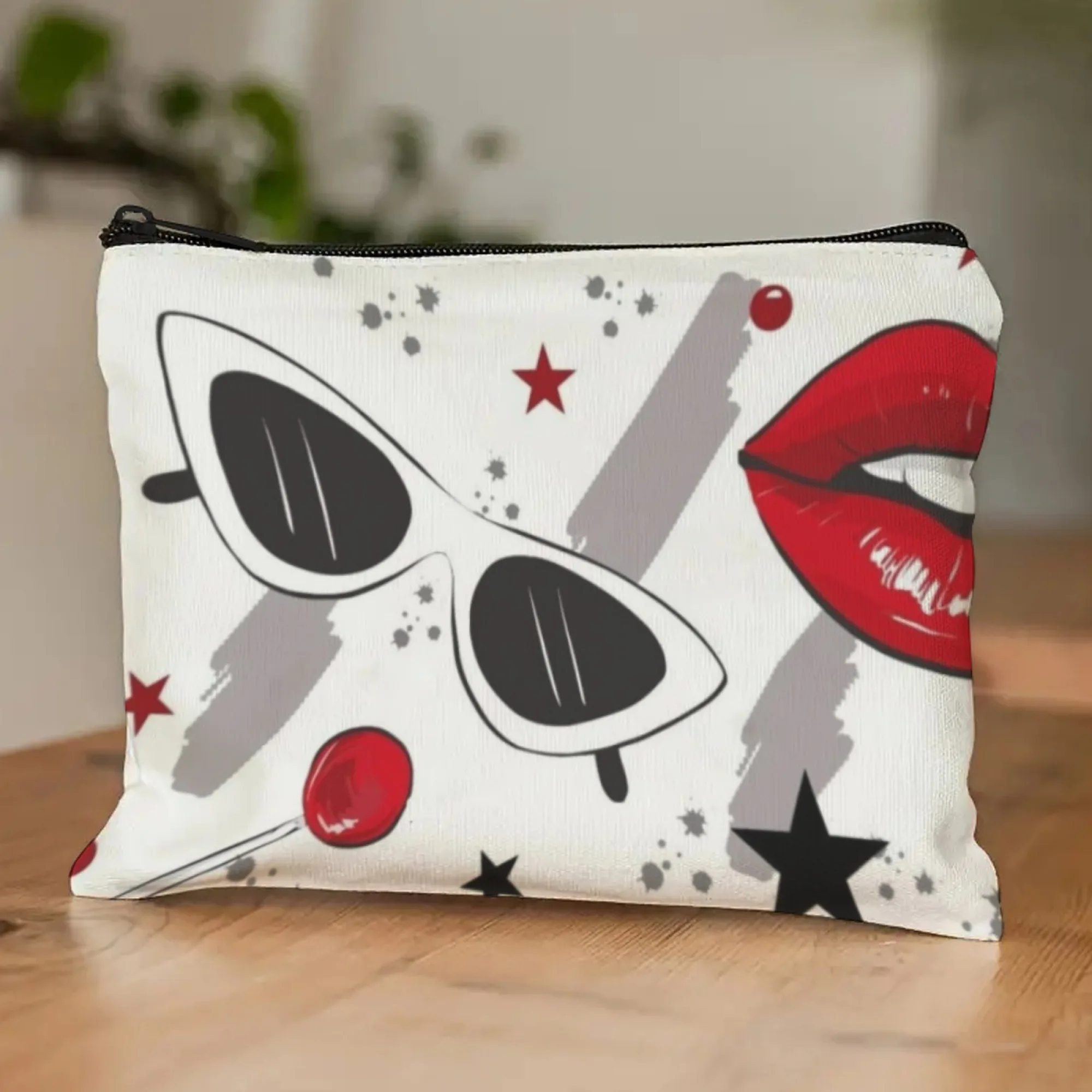 

Stylish Pattern Canvas Makeup Bag with Zipper, Sunglasses & Lip Print, Portable Cosmetic Organizer for Women Travel & Daily