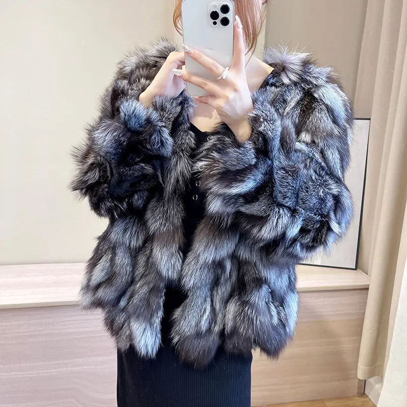 100% fox fur coat loose short slimming top Silver fox fur one