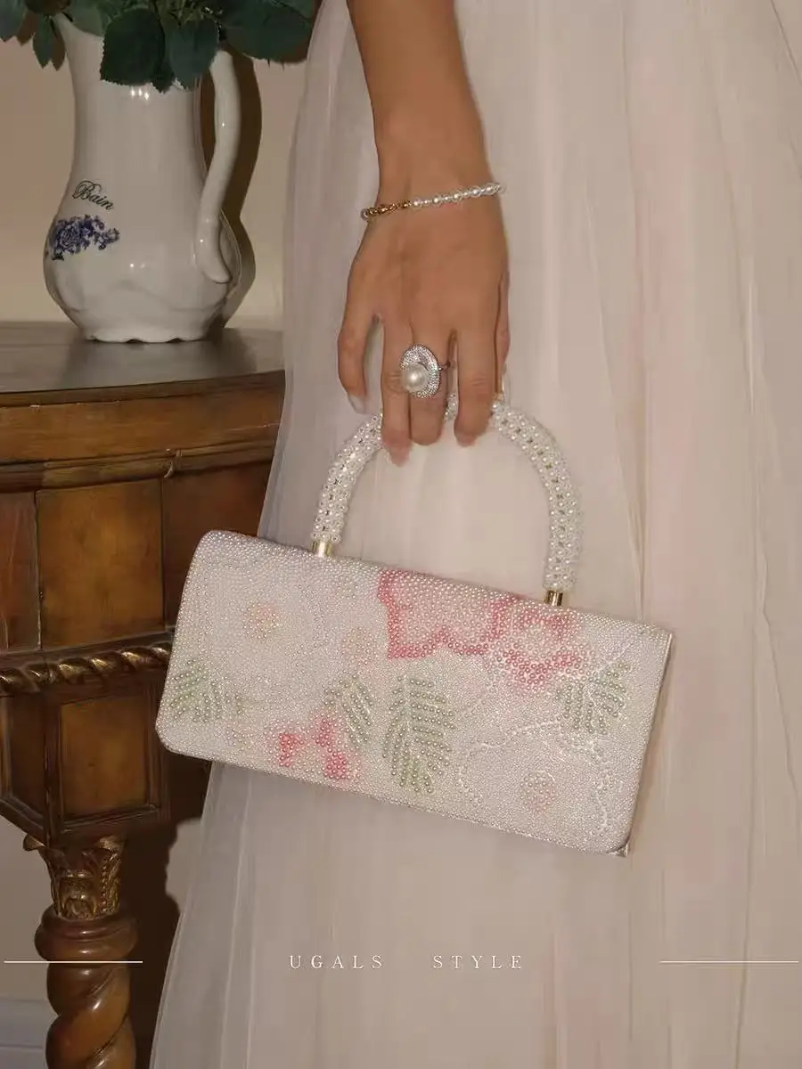 

Beads Beaded Floral Square Bag Pearl Beading Banquet Bag Fashion Women Handbag Luxury Clutch Purse Female Shoulder Crossbody Bag