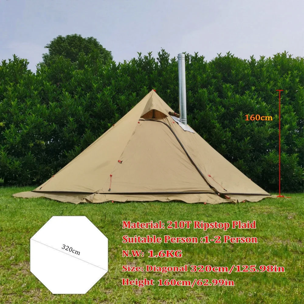 1-2 Person Backpacking Pyramid Tent Ultralight Winter Camping Teepee 210T Plaid Large Rodless Tent with Snow Skirt Chimney Hole