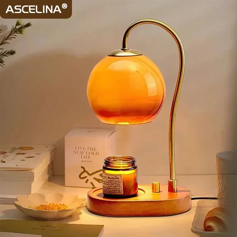 Vintage Wood Glass Table Lamp, Aquecimento Ajustável, Aromaterapia Iluminação de Mesa, Cera Perfumada, Ambiance Decor, Desktop Lights, GU10 Botão