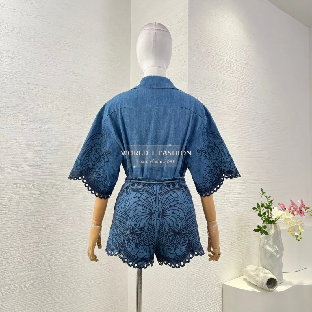 Camicetta e pantaloncini con colletto rovesciato con lacci ricamati in puro cotone di alta qualità stile spiaggia Abito da donna 2025 Nuovo