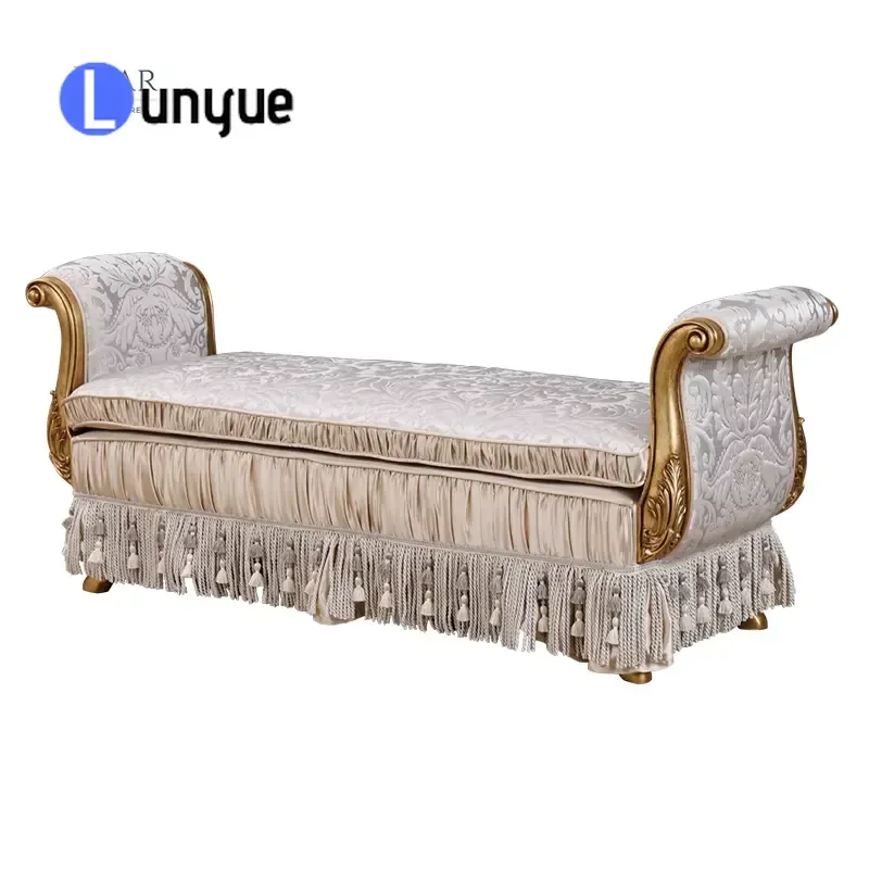 Luxury French Style Solid Wood Carved Flower Bedside Bench Antique Classic Fabric Upholstered Bedroom Furniture End of Bed