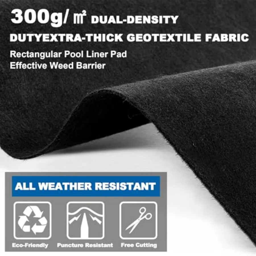 Above Ground Pool Liner Pad for 16x32ft Rectangular Pools, 300g/m Thick Black HDPE Puncture-Resistant Protector Mat for Effortl