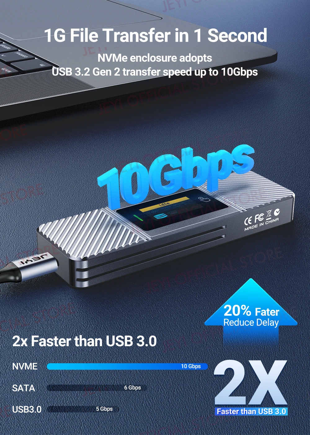 JEYI Visual Smart M.2 NVMe NGFF SSD-Gehäuse, unterstützt 5s-Schreibschutz, 3s Re-connect, USB 3.2 Gen2 10 Gbit/s, UASP-Trimmung – Detail 6
