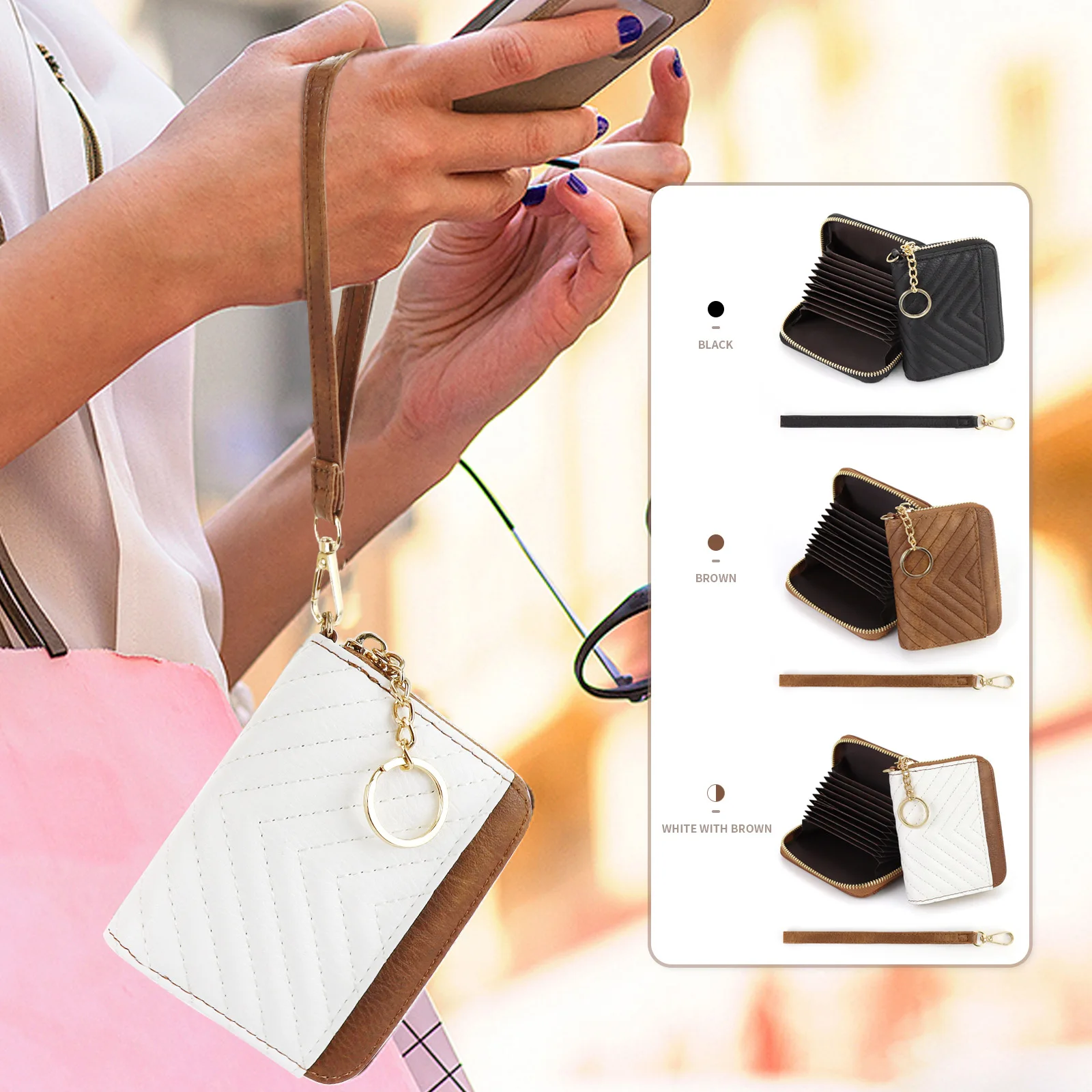 

Best-selling PU card case, small chanel-style embroidered thread quilted multi-slot bank card coin purse mini wrist card case