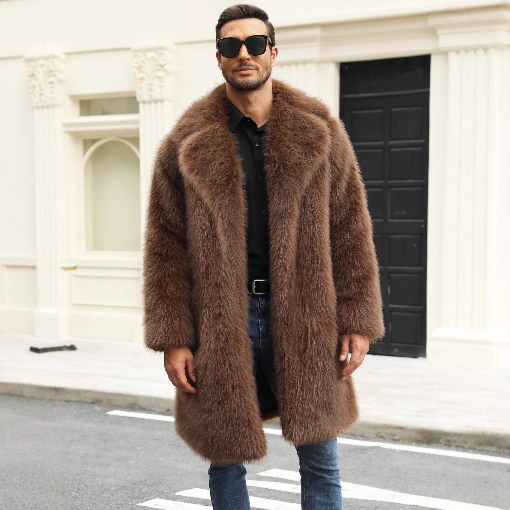 

Европа и Америка, новая мода, мужские коричневые однотонные отложные воротники с длинным рукавом, повседневные модные пальто из искусственного меха, мужская одежда