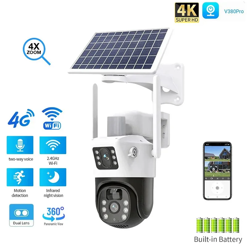 4G solar powered network camera low-power 360 degree panoramic WIFI monitoring dual lens