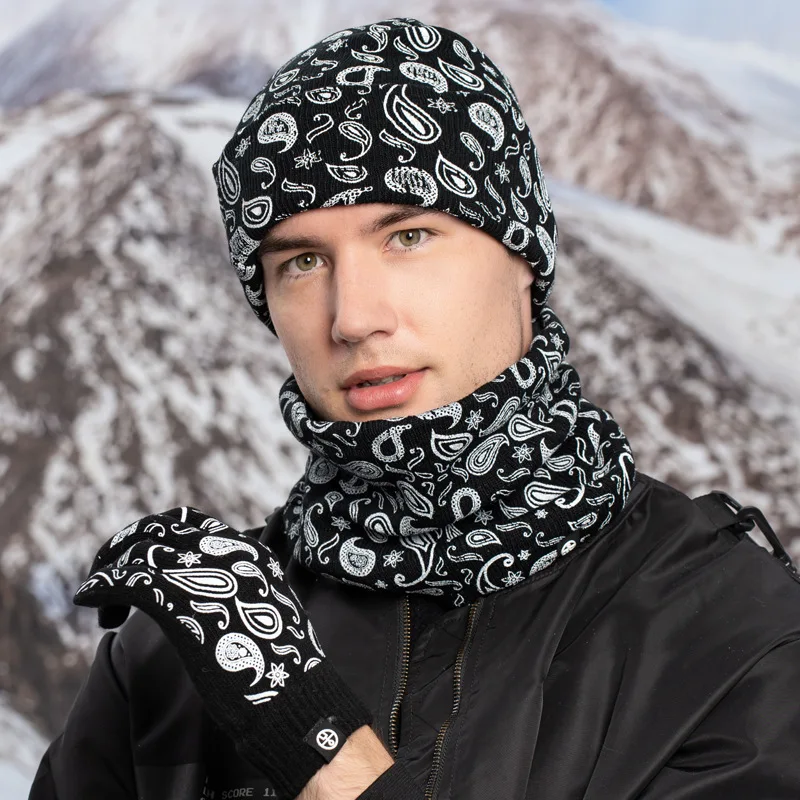 Uomo donna autunno inverno fiore di anacardi cappello di lana sciarpa guanti 3 set di cappello lavorato a maglia stampato colorato alla moda Gorros De Invierno