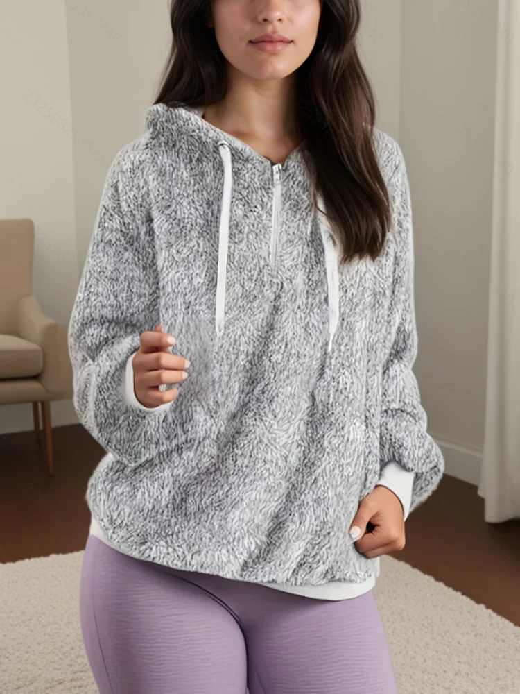 

Plus Size 1XL-5XL Women New Fashion Hoodies Long Sleeve Two Pockets Pullover Sweatshirt Plush Turtleneck Zipper Neck Women Top