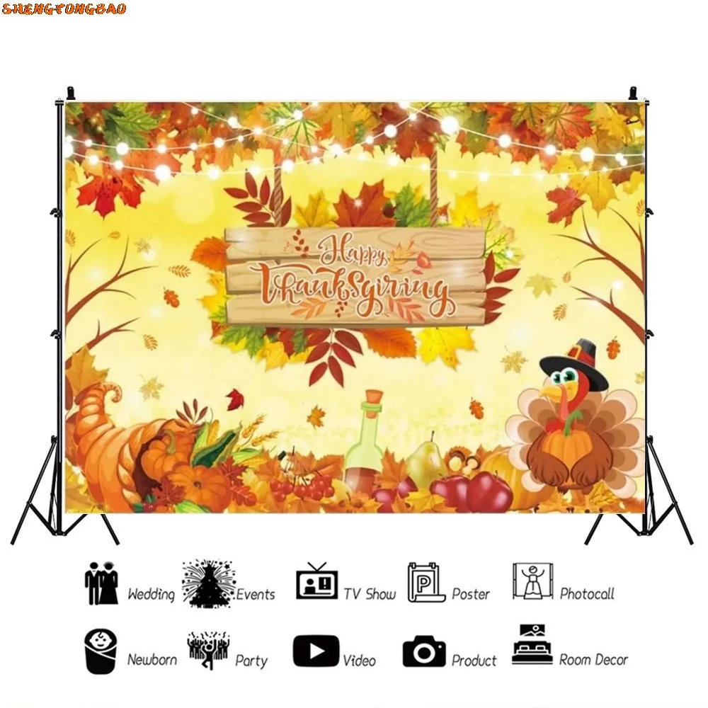 ﻿ Autumn Thanksgiving Day Theme Fall Pumpkin Maple Leave Turkey Farmhouse Barn Harvest Baby Portrait Photography Background Prop