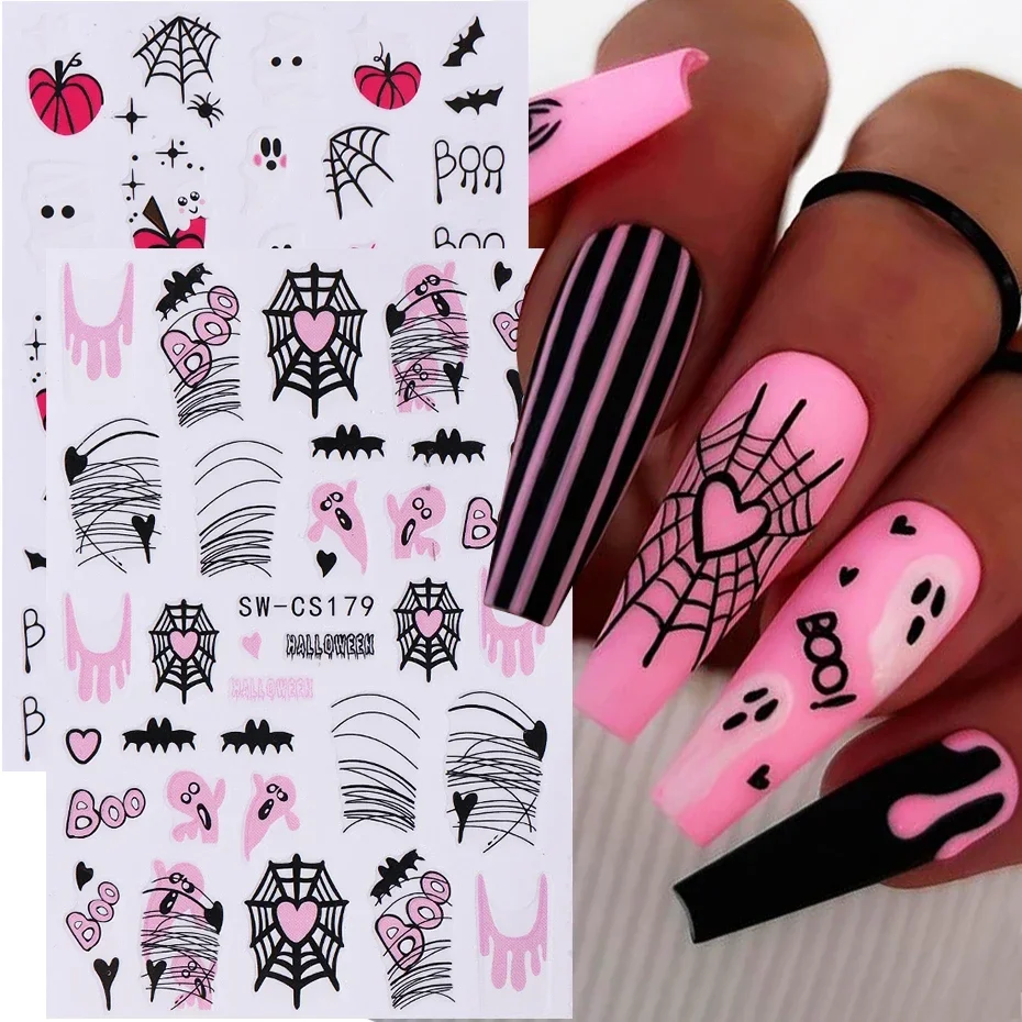 3D Halloween Nail Stickers  Pink Ghost Pumpkin Spider Web Sliders Scorpion Bat Dripping Blood DIY Winter Nail Decals  Decoration