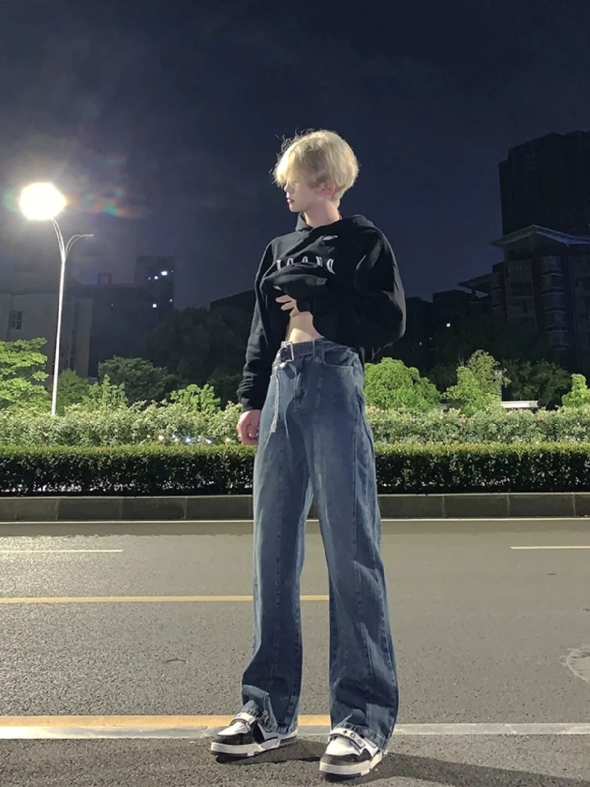 

American Retro Blue Jeans Men's Straight Leg Autumn Winter Trendy Brand Cool Vibe Bell Bottoms Long Pants Cotton Polyester Blend